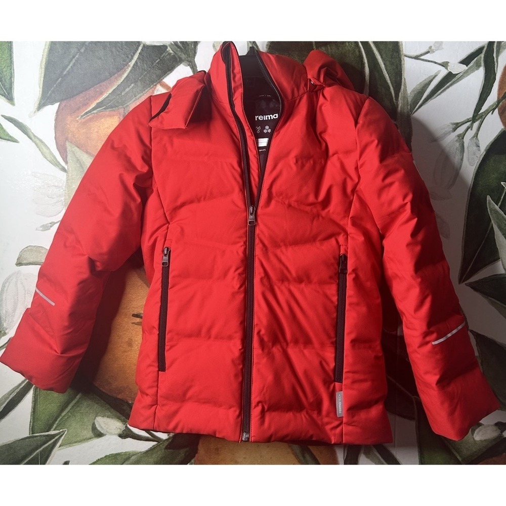 Reima Kids Unisex Puffer Down Jacket Size 134 US 9Y Full Zip Quilted Hooded Red